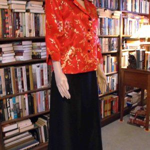 RED SATIN JACKET, FULL-LENGTH BLK SATIN SKIRT 10